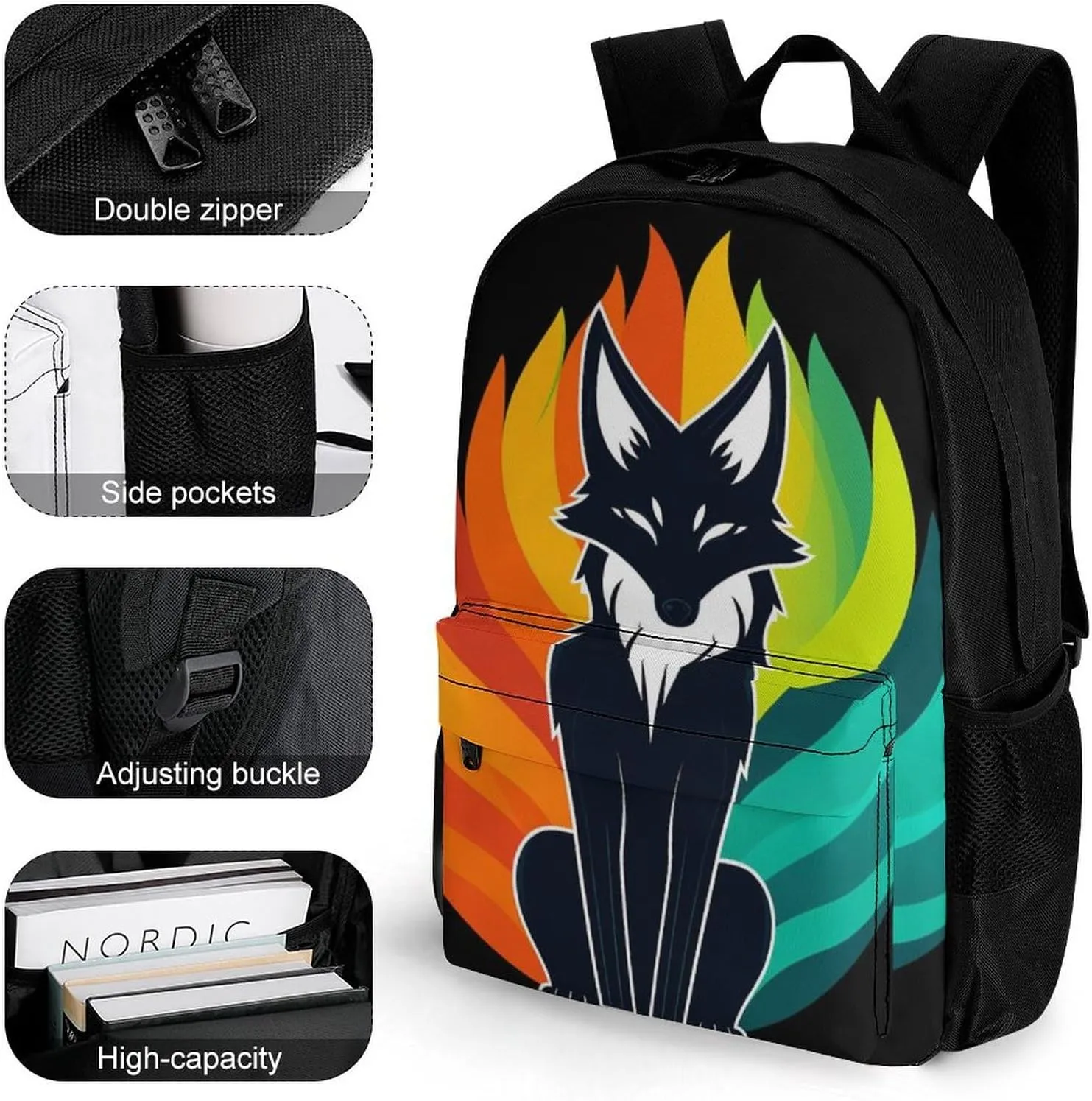 Elemental Fox Kitsune Colorful Lighting Art Shoulder Book Bags Polyester Multipurpose Anti-Theft Carry On Bag Large Capacity Travel Hiking & Camping Rucksack