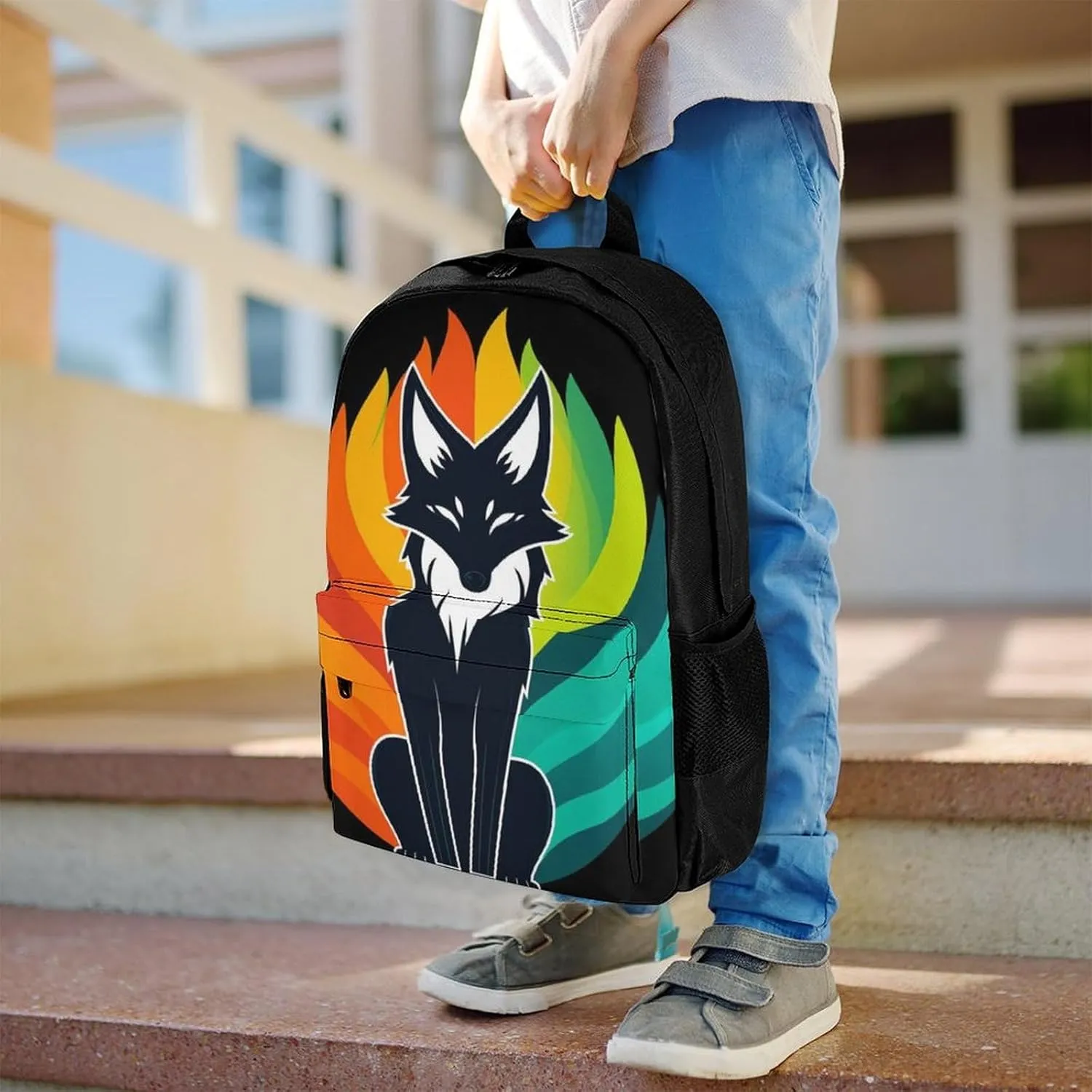 Elemental Fox Kitsune Colorful Lighting Art Shoulder Book Bags Polyester Multipurpose Anti-Theft Carry On Bag Large Capacity Travel Hiking & Camping Rucksack