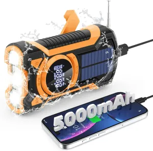 Emergency Radio Hand Crank Solar 5000mAh, IP65 Waterproof Dustproof Bluetooth 5.3 Portable AM/FM/NOAA Weather Alert Radio with Flashlight, Phone Charger, SOS, Headphone Jack- Orange