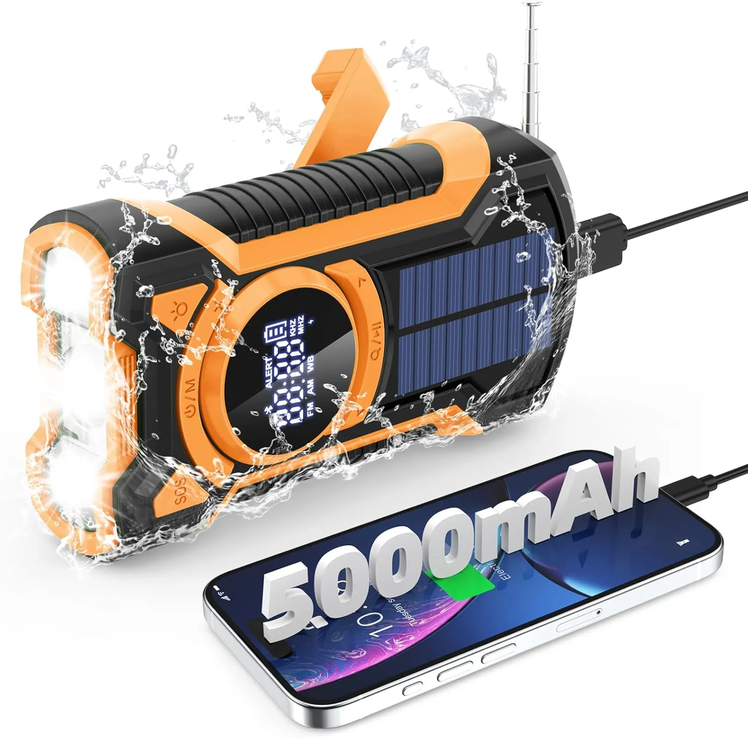 Emergency Radio Hand Crank Solar 5000mAh, IP65 Waterproof Dustproof Bluetooth 5.3 Portable AM/FM/NOAA Weather Alert Radio with Flashlight, Phone Charger, SOS, Headphone Jack- Orange