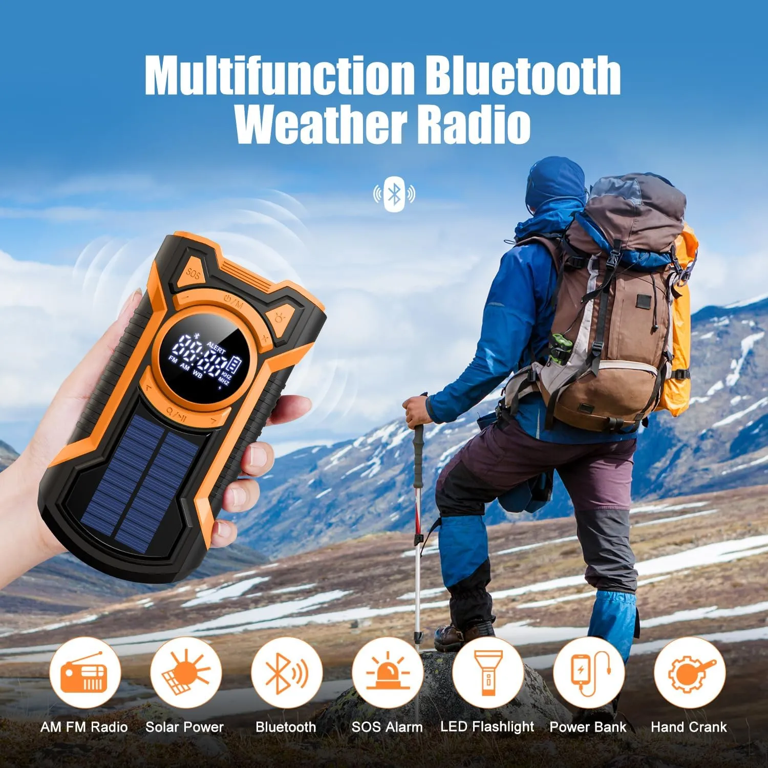 Emergency Radio Hand Crank Solar 5000mAh, IP65 Waterproof Dustproof Bluetooth 5.3 Portable AM/FM/NOAA Weather Alert Radio with Flashlight, Phone Charger, SOS, Headphone Jack- Orange