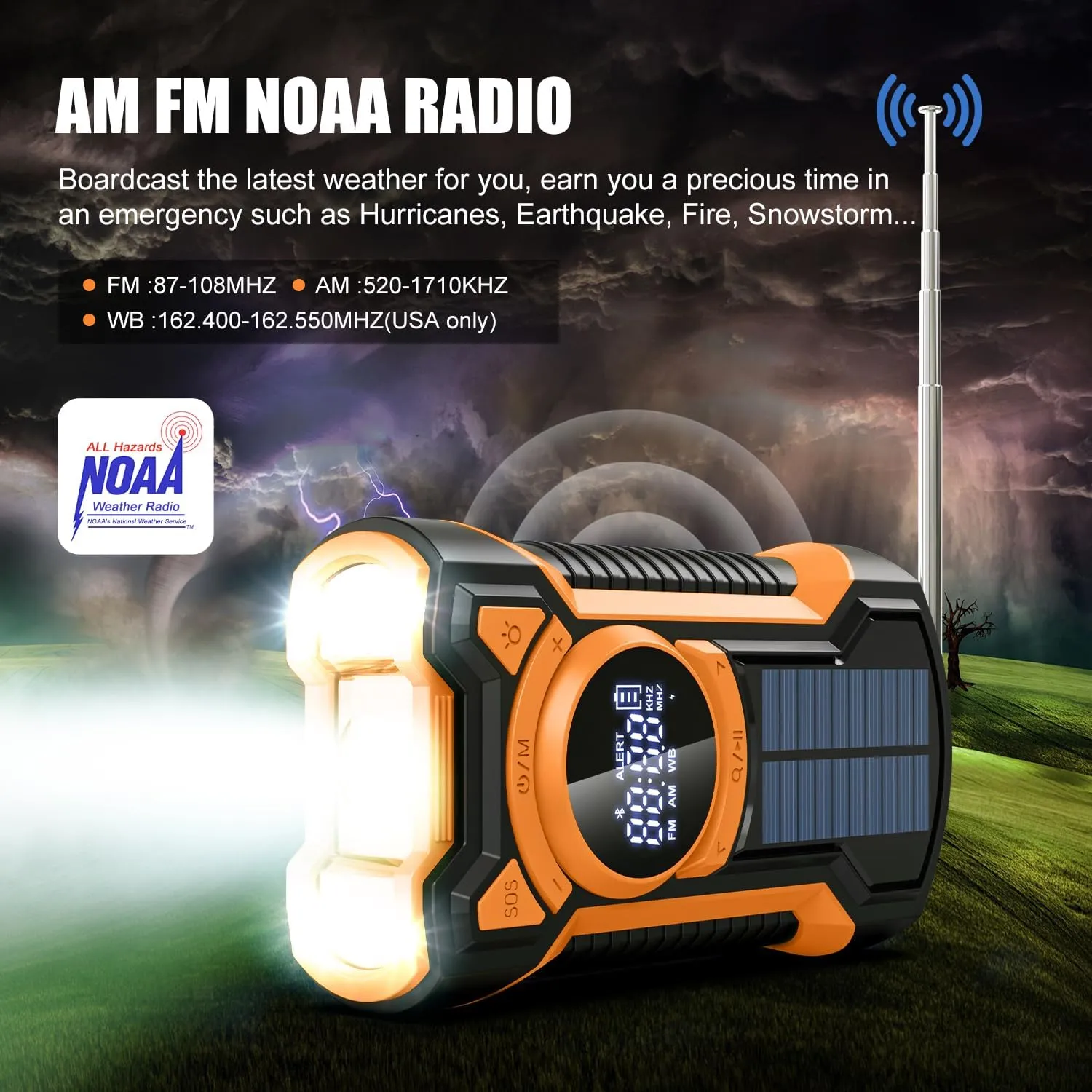 Emergency Radio Hand Crank Solar 5000mAh, IP65 Waterproof Dustproof Bluetooth 5.3 Portable AM/FM/NOAA Weather Alert Radio with Flashlight, Phone Charger, SOS, Headphone Jack- Orange