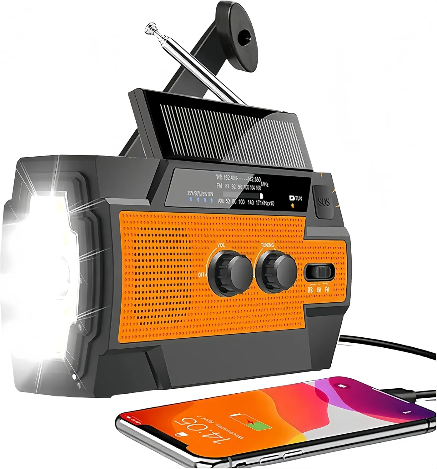 Emergency Solar Hand Crank Weather Radio – AM/FM/WB, 3-Mode LED Flashlight, LED Induction Reading Lamp, SOS Alarm, 4000mAh Rechargeable Battery, USB Charger for Cell Phones