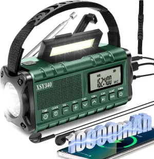 Emergency Weather Alert Radio,AM/FM/NOAA Hand Crank Wind Up/USB-C/Solar Powered 10000mAh Power Bank,Battery Operated Phone Charger Radio,LCD Display Clock Alarm,3W Flashlight&Reading Lamp,SOS Survival