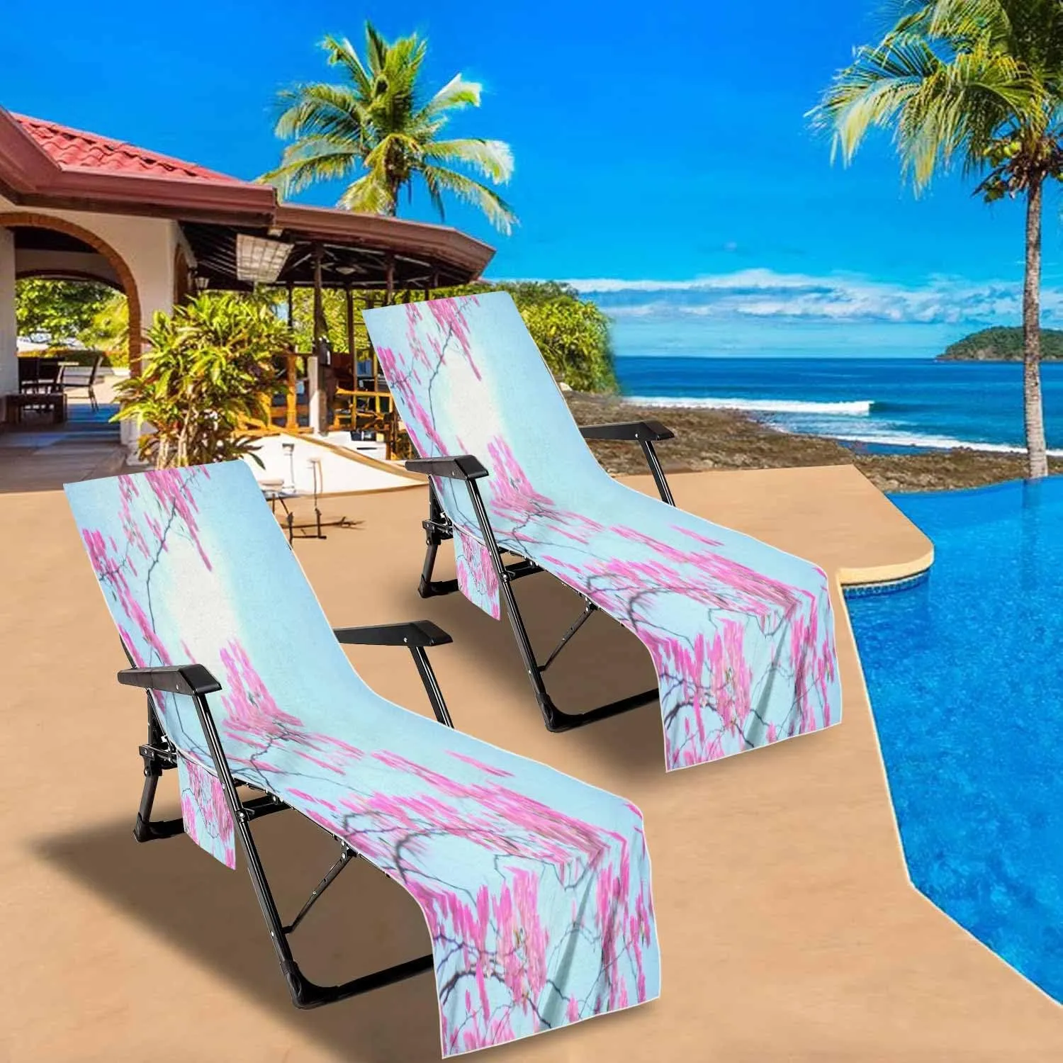 EMMTEEY Outside Chair Covers 82.6 X 29.5 Inches Water Waves White Site Placard Surface Chaise Lounge Covers with 2 Side Pockets for Poolside Beach Garden, Set of 1