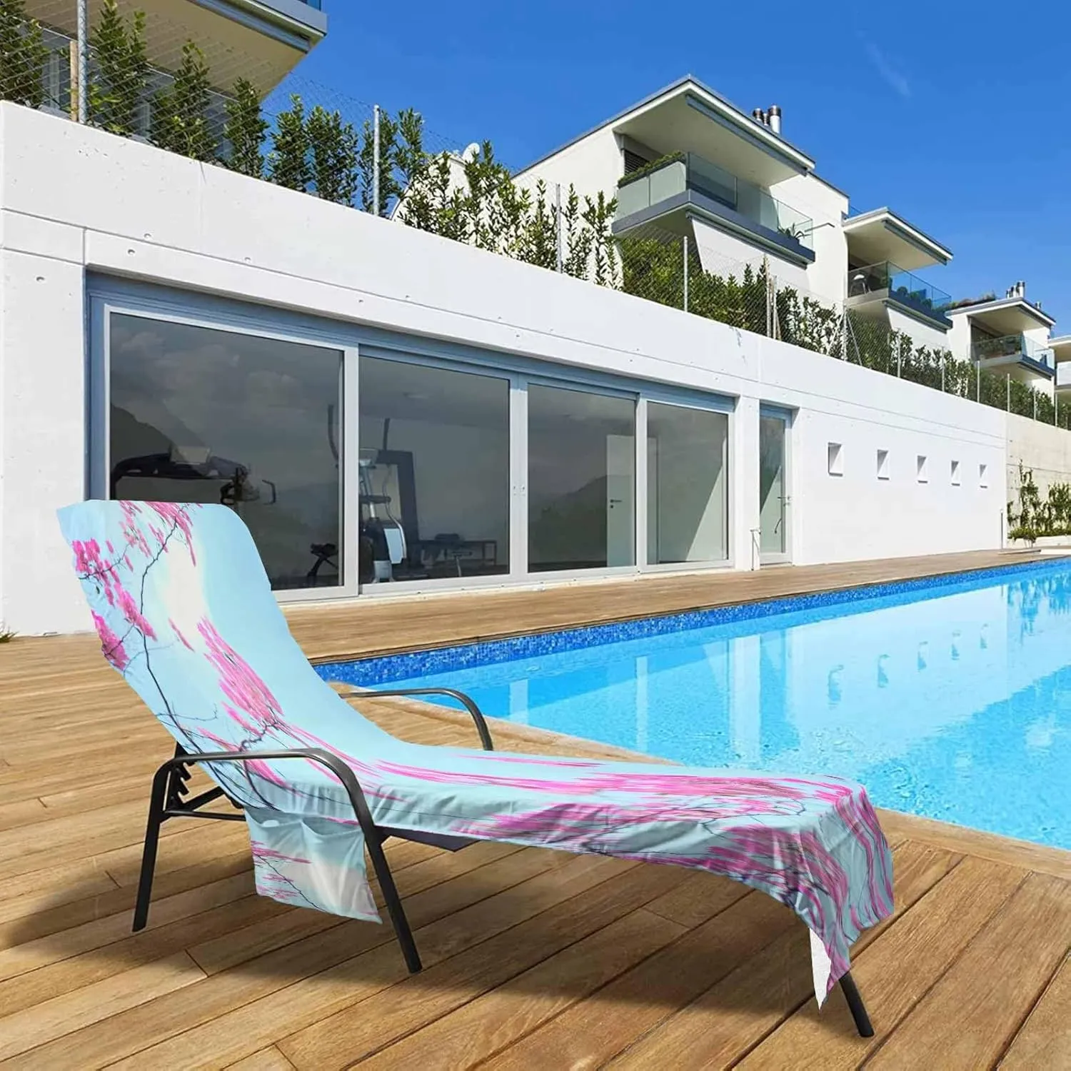 EMMTEEY Outside Chair Covers 82.6 X 29.5 Inches Water Waves White Site Placard Surface Chaise Lounge Covers with 2 Side Pockets for Poolside Beach Garden, Set of 1