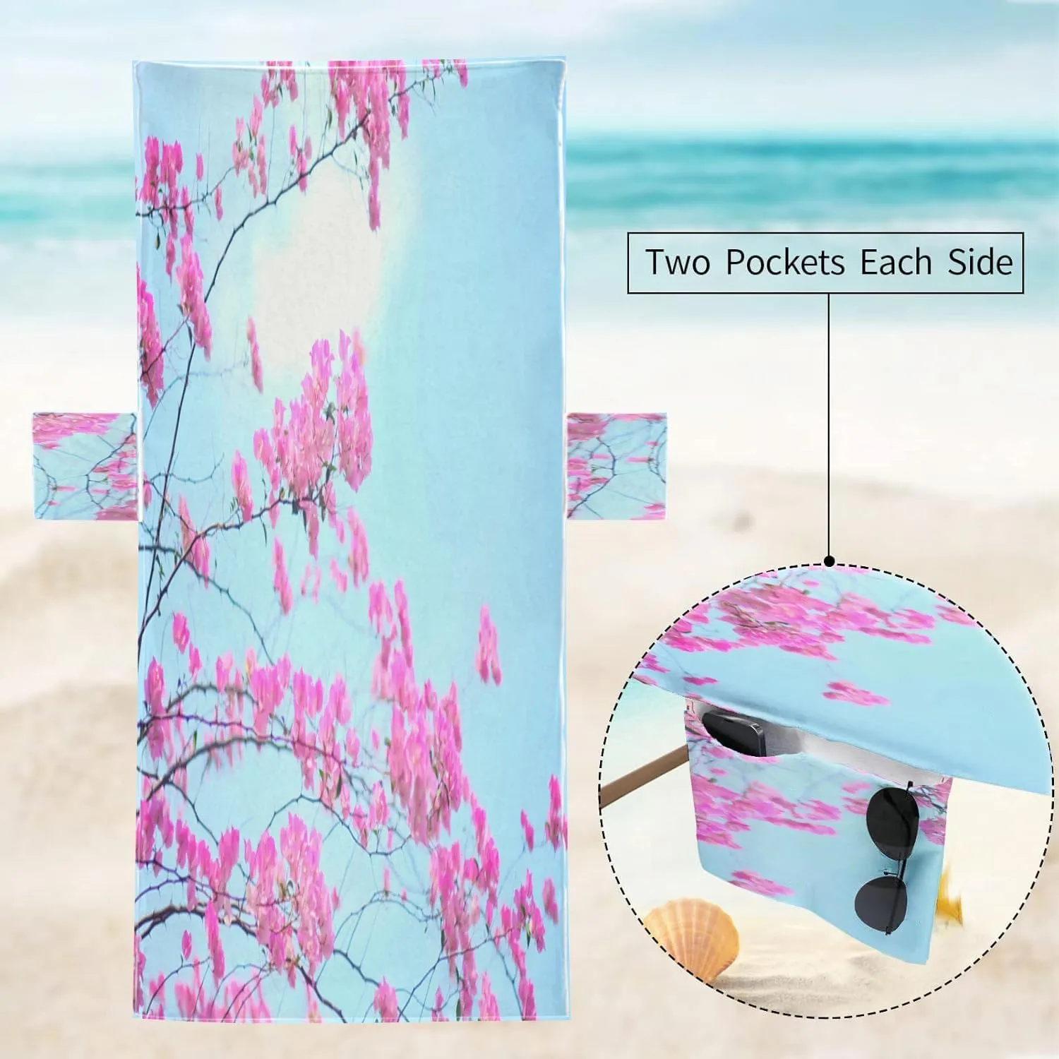 EMMTEEY Outside Chair Covers 82.6 X 29.5 Inches Water Waves White Site Placard Surface Chaise Lounge Covers with 2 Side Pockets for Poolside Beach Garden, Set of 1