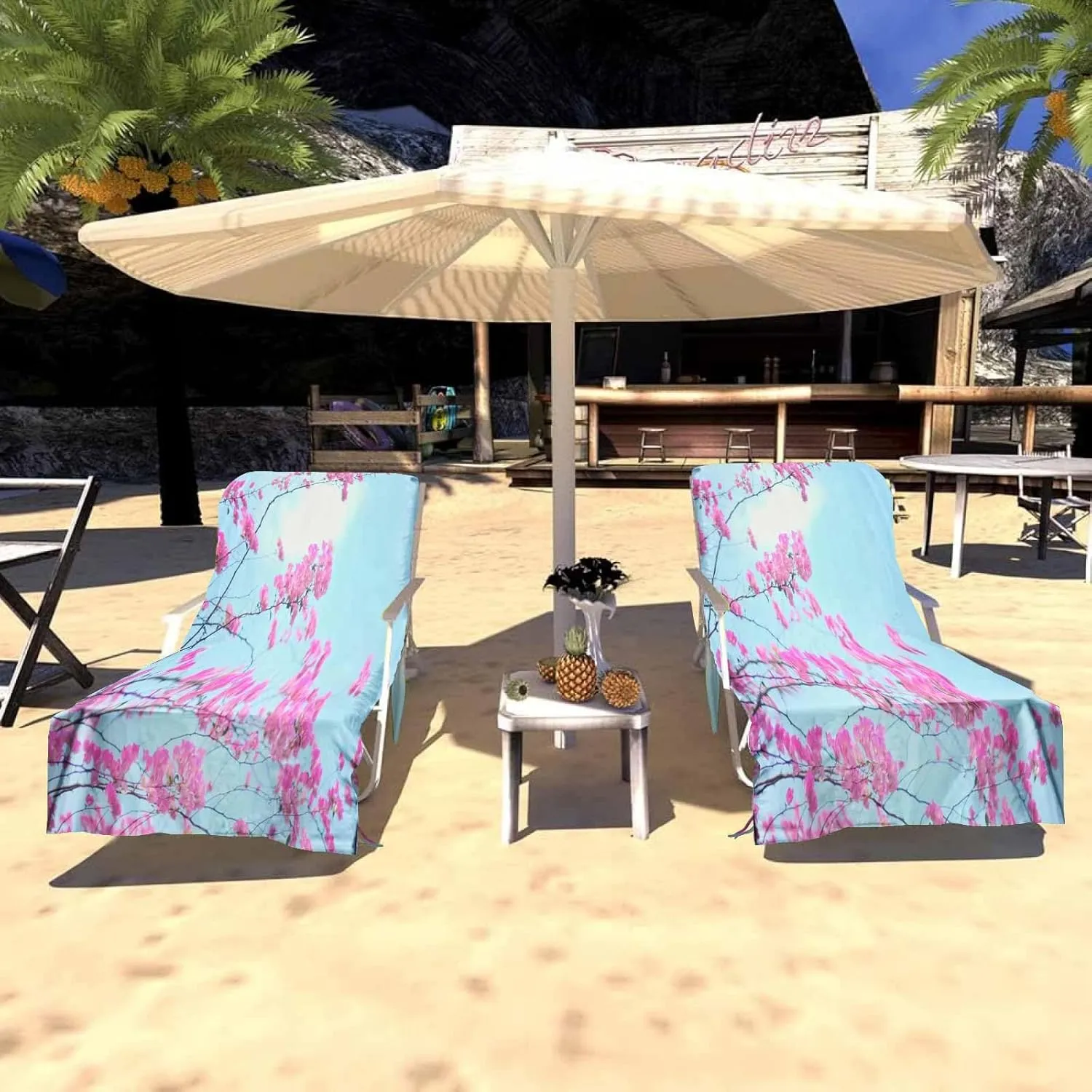 EMMTEEY Outside Chair Covers 82.6 X 29.5 Inches Water Waves White Site Placard Surface Chaise Lounge Covers with 2 Side Pockets for Poolside Beach Garden, Set of 1