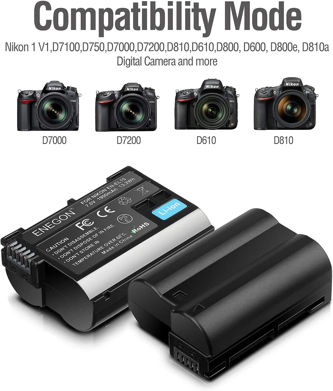 ENEGON EN-EL15C Batteries (2 Pack) and Smart LED Dual Charger Kit for Nikon ZF Z6,Z7 Z8 D7500 D7000, D7100, D7200 D500, D600, D610, D750,D780 D800, D810, D800E, D810A,D850 Digital Cameras