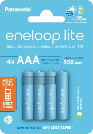 eneloop Lite, AAA/Micro NI-MH Battery, Pack of 4, Capacity with Min. 550 mAh, Ready-to-Use NI-MH Batteries, Rechargeable up to 3000 Times, Plastic-Free Packaging, Lite, Blue