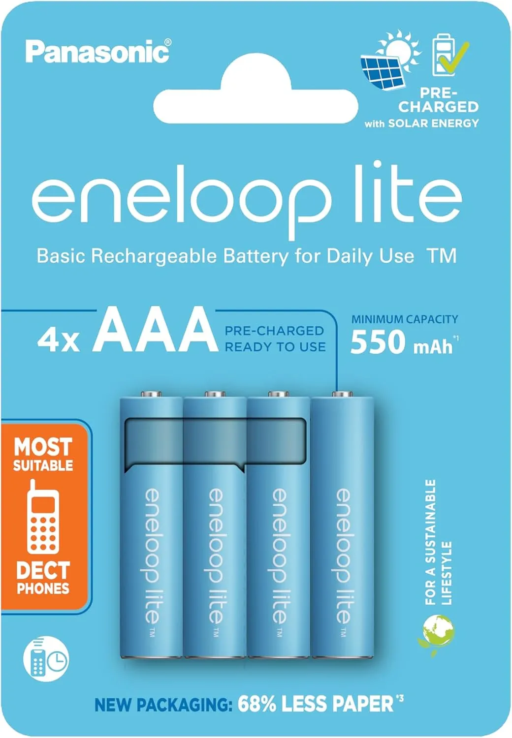 eneloop Lite, AAA/Micro NI-MH Battery, Pack of 4, Capacity with Min. 550 mAh, Ready-to-Use NI-MH Batteries, Rechargeable up to 3000 Times, Plastic-Free Packaging, Lite, Blue