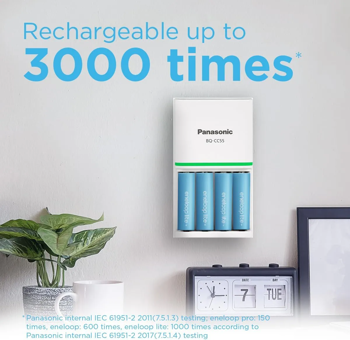eneloop Lite, AAA/Micro NI-MH Battery, Pack of 4, Capacity with Min. 550 mAh, Ready-to-Use NI-MH Batteries, Rechargeable up to 3000 Times, Plastic-Free Packaging, Lite, Blue