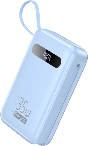 EnergyQC Power Bank, 20,000mAh 35W PD 3.0 QC 4.0 Fast Charging Portable Charger with Built-in Lightning & USB-C in&Out Cables, Battery Pack for iPhone 16/15/14 Series, Galaxy, iPad, AirPods, Blue