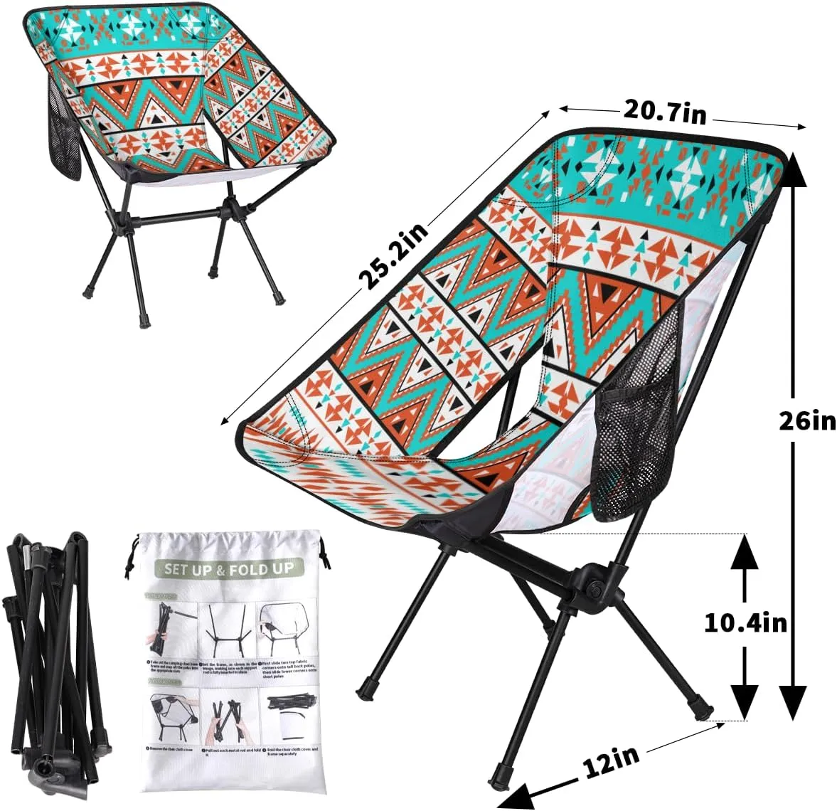 Ethnic Aztec Print Camping Chair Lightweight Portable Chairs for Adults Easy Installation Outdoor Foldable Camping Chair for Camping Fishing Hiking Picnic Beach