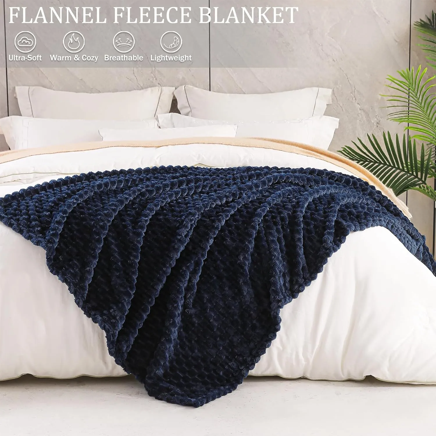 Exclusivo Mezcla Extra Large Soft Fleece Throw Blanket, 50x70 Inches Stylish Jacquard Throw Blanket for Couch, Fuzzy Cozy Lightweight for All Season, Navy Blue