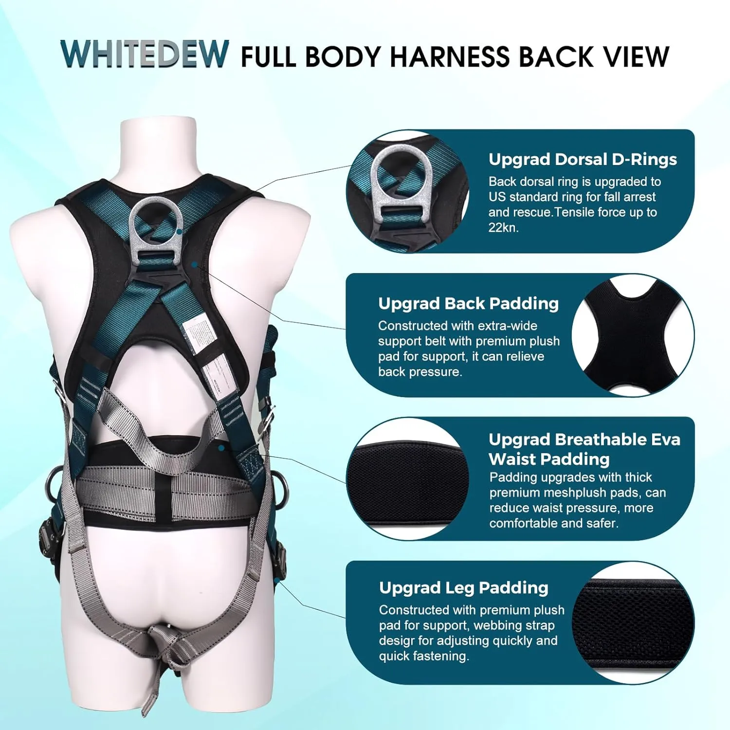 Fall Protection Premium Safety Harness with Shock Absorbing Lanyard, Vented & Padded Shoulder, Legs & Back - Upgrade 4 Quick Buckles (Dark Green)