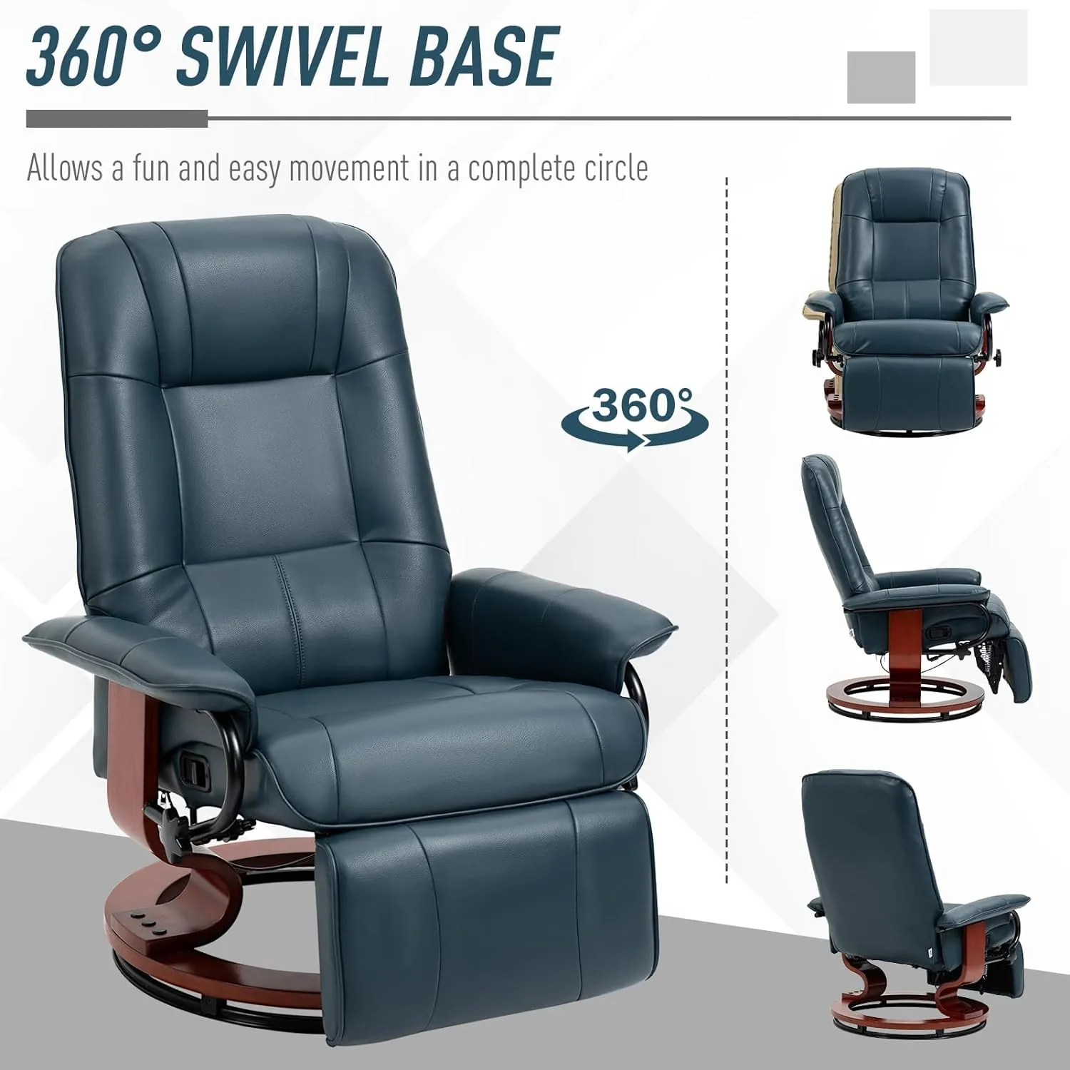 Faux Leather Manual Recliner Chair, Swivel Recliner Chairs with 360° Wooden Rotate Base, Leather Stressless Recliner with Adjustable Footrest, Modern Swivel Reclining Chair for Bedroom (Blue)