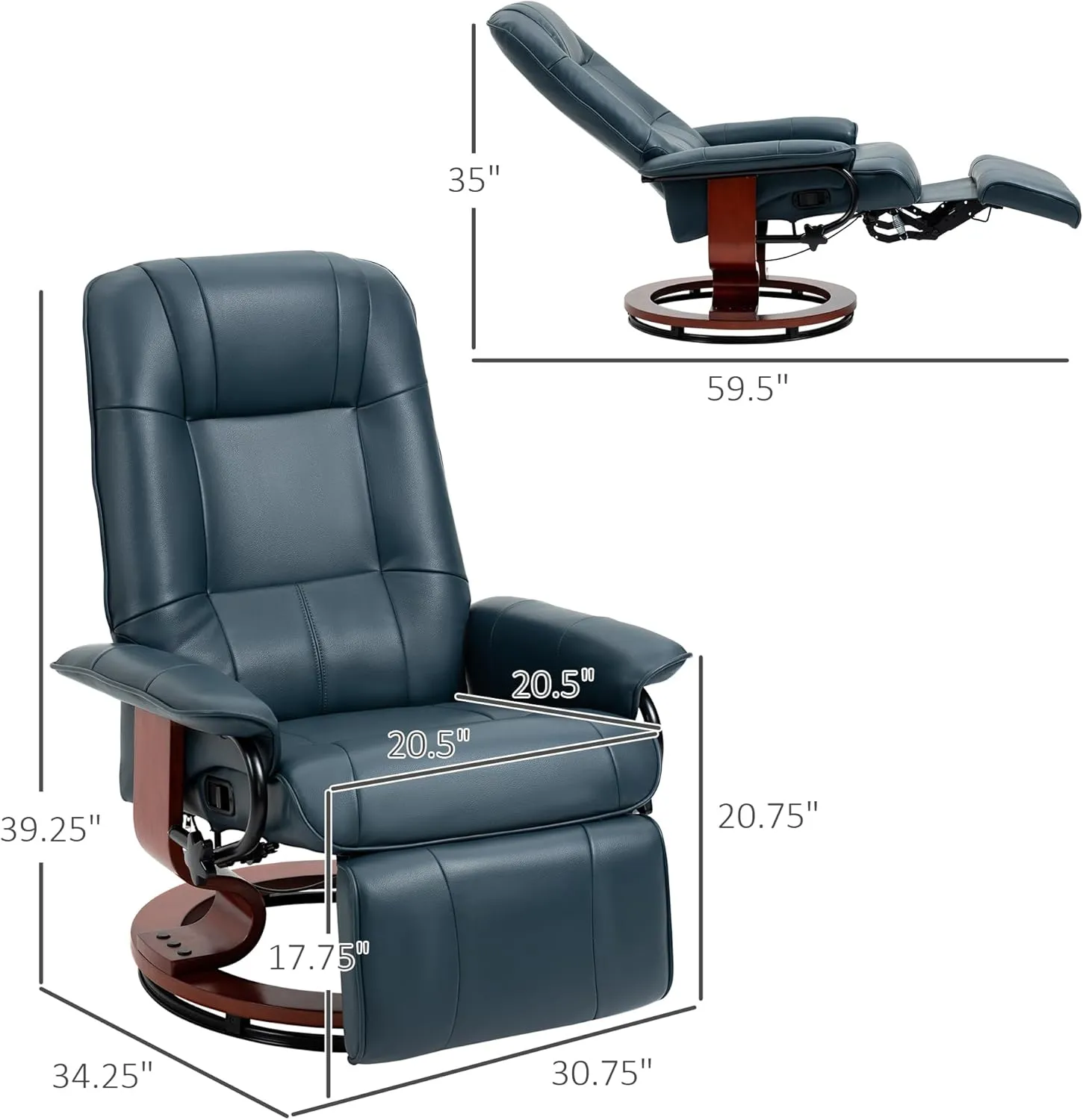 Faux Leather Manual Recliner Chair, Swivel Recliner Chairs with 360° Wooden Rotate Base, Leather Stressless Recliner with Adjustable Footrest, Modern Swivel Reclining Chair for Bedroom (Blue)