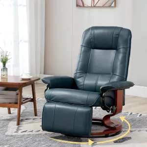 Faux Leather Manual Recliner Chair, Swivel Recliner Chairs with 360° Wooden Rotate Base, Leather Stressless Recliner with Adjustable Footrest, Modern Swivel Reclining Chair for Bedroom (Blue)