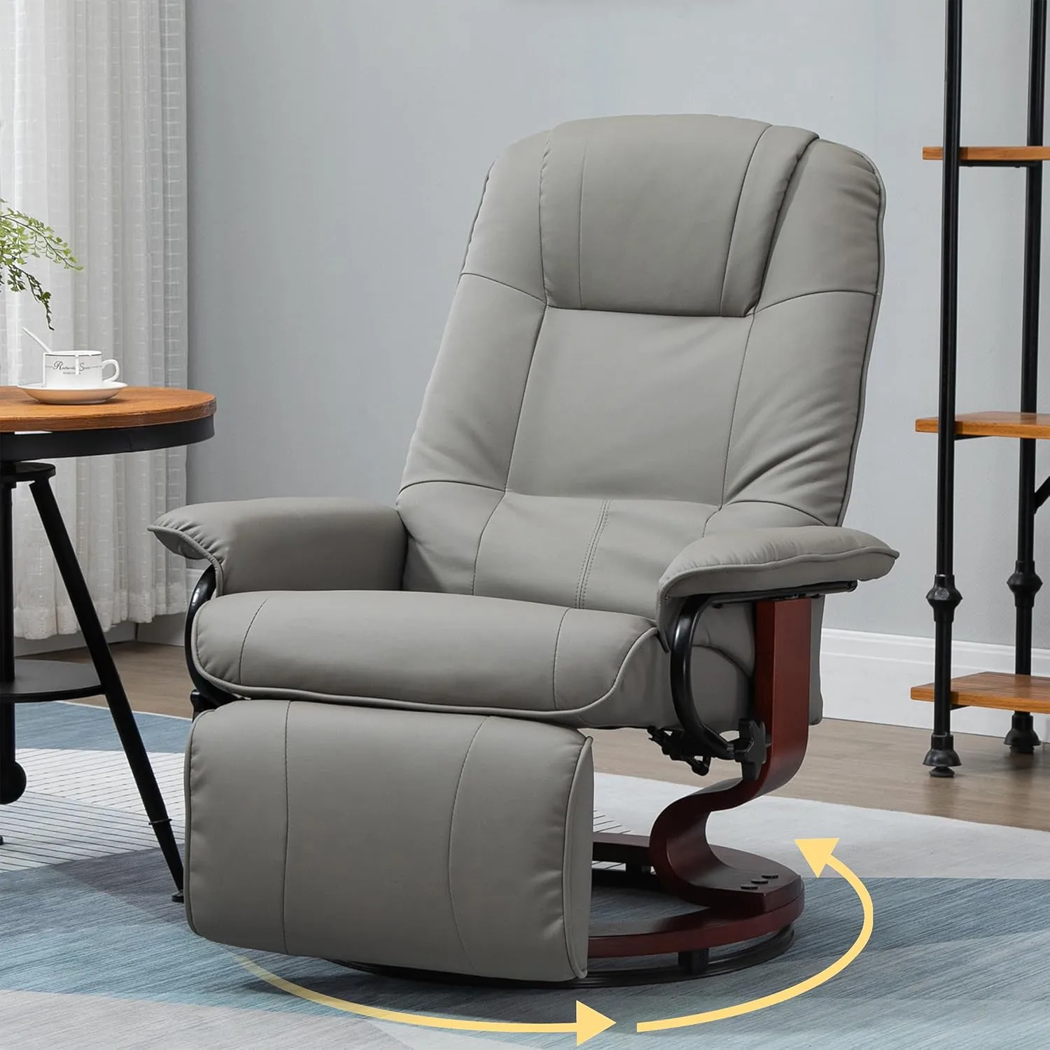 Faux Leather Manual Recliner Chair, Swivel Recliner Chairs with 360° Wooden Rotate Base, Leather Stressless Recliner with Adjustable Footrest, Modern Swivel Reclining Chair for Bedroom (Gray)
