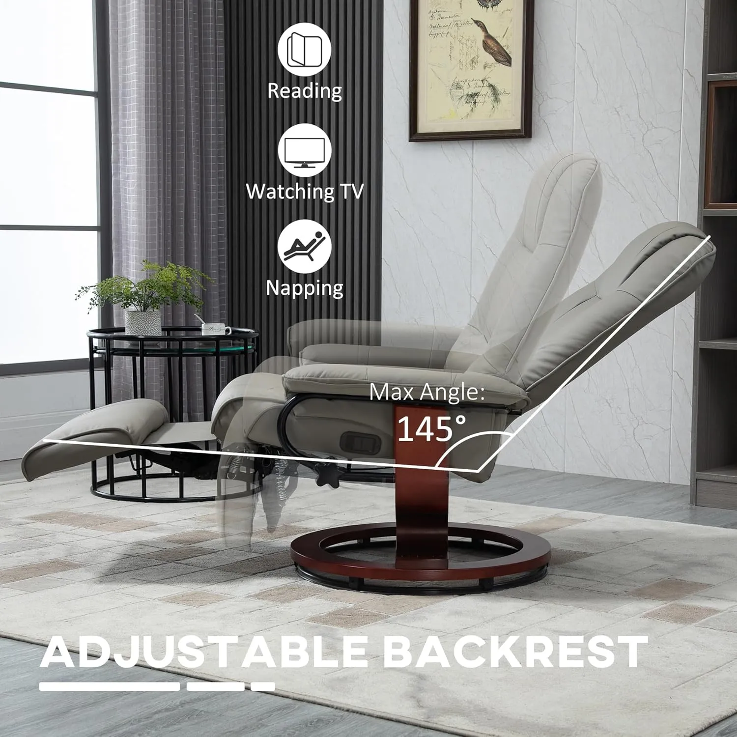 Faux Leather Manual Recliner Chair, Swivel Recliner Chairs with 360° Wooden Rotate Base, Leather Stressless Recliner with Adjustable Footrest, Modern Swivel Reclining Chair for Bedroom (Gray)