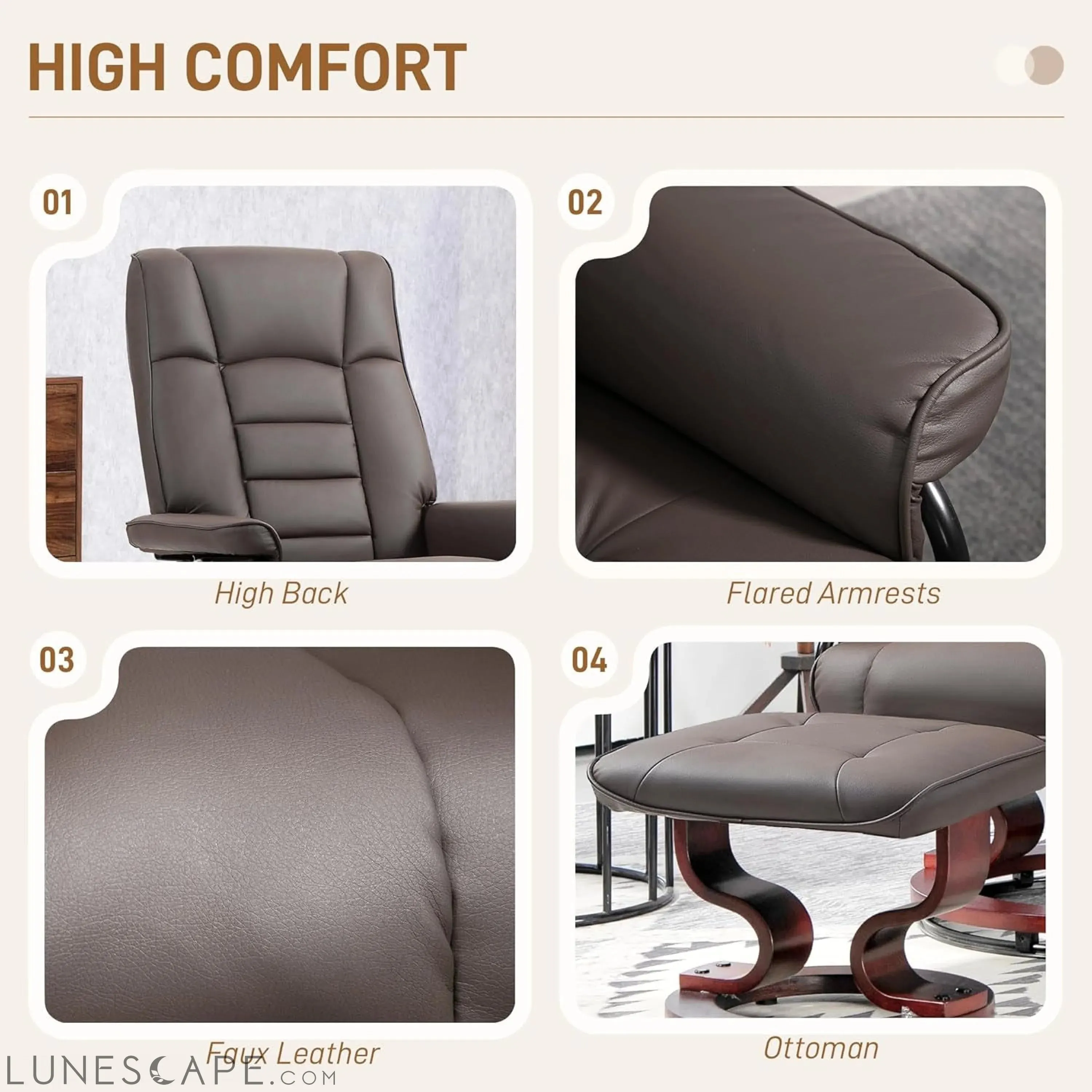Faux Leather Reclining Chair, Swivel Ottoman Chair, Recliner with