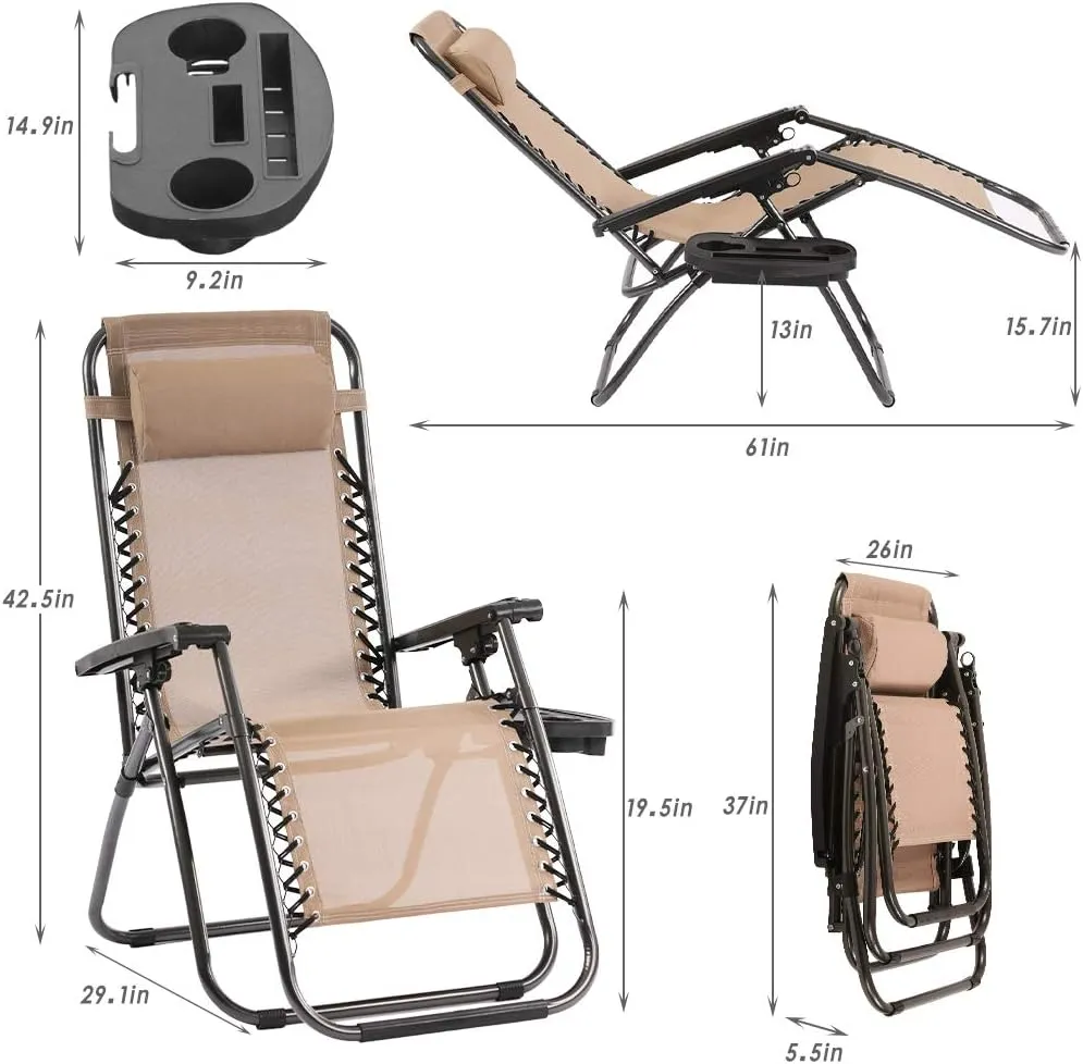 FDW Set of 2 Zero Gravity Chairs Lounge Chair with Pillow and Cup Holder Patio Outdoor Adjustable Dining Reclining Folding Chairs for Deck Patio Beach Yard