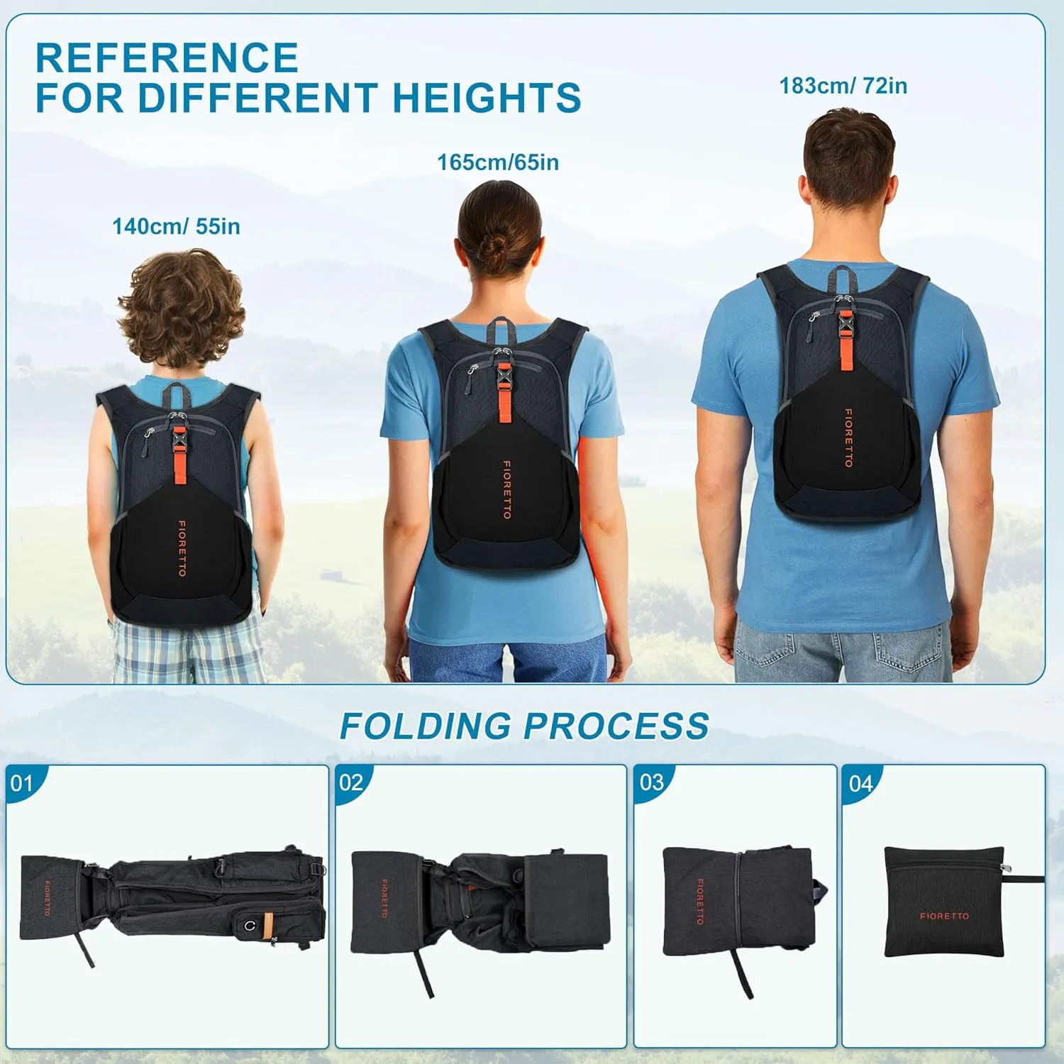 FIORETTO 15L Hiking Backpack for Women Men Mini Packable Backpack Lightweight Small Daypack for Camping Travel Outdoor, Black
