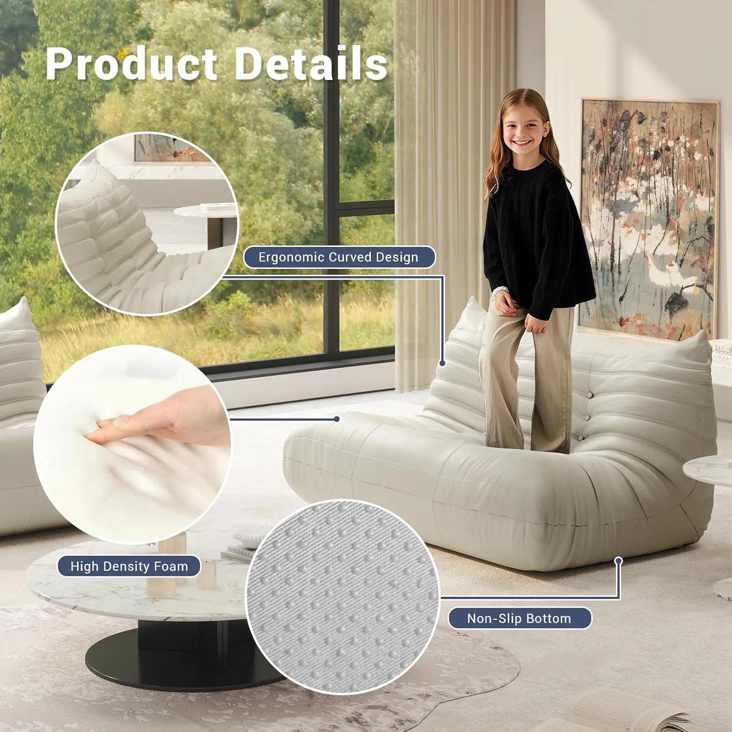 Fireside Chair Lazy Floor Sofa Set, Cozy Memory Foam Bean Bag Chairs, Faux Leather Giant Bean Bag Chair Sofa, Armless Foam Couch Lounger Tatami Recliner for Living Room Bedroom Dorm Office