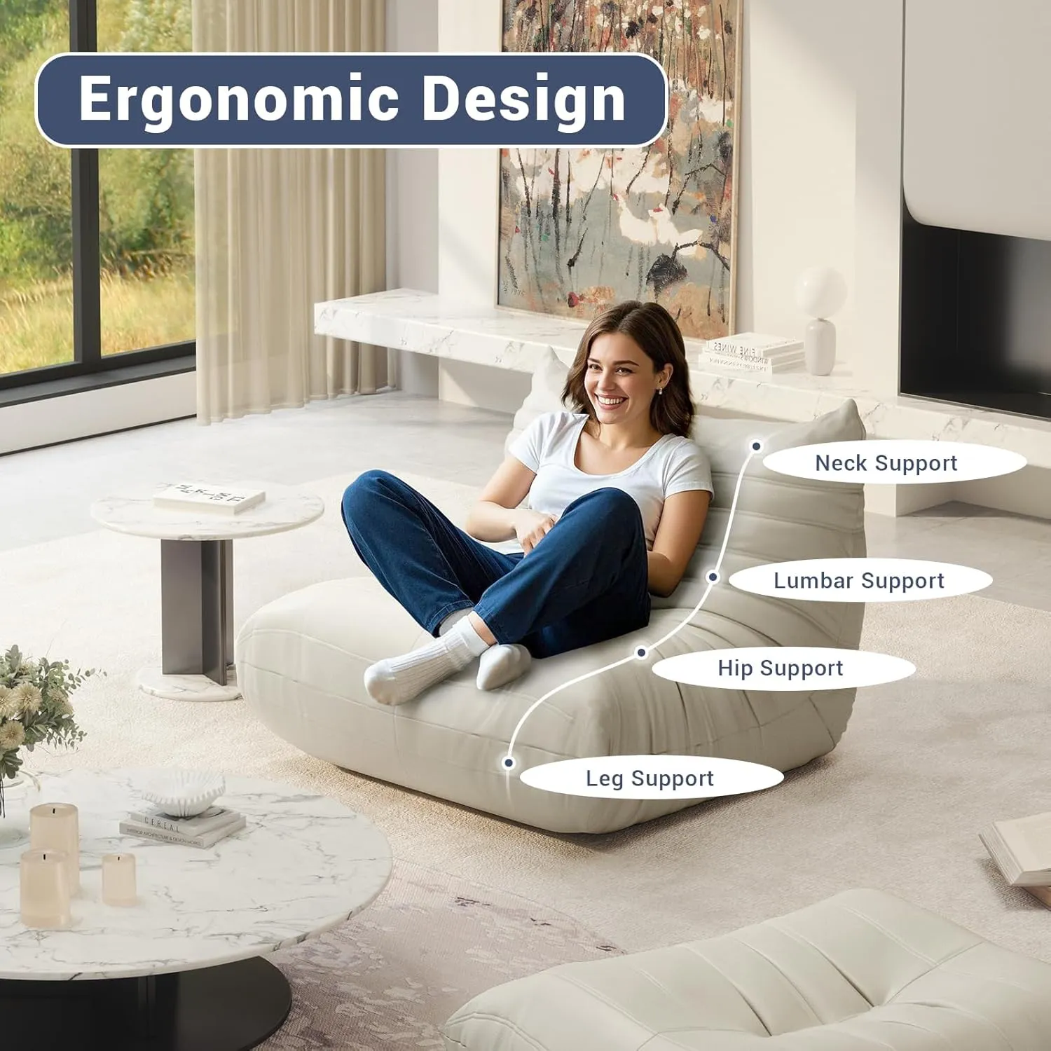 Fireside Chair Lazy Floor Sofa Set, Cozy Memory Foam Bean Bag Chairs, Faux Leather Giant Bean Bag Chair Sofa, Armless Foam Couch Lounger Tatami Recliner for Living Room Bedroom Dorm Office