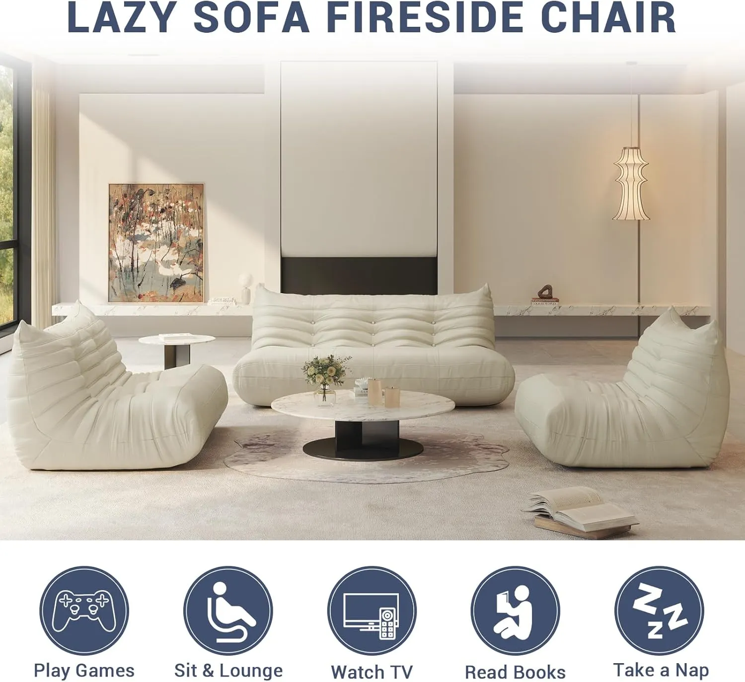 Fireside Chair Lazy Floor Sofa Set, Cozy Memory Foam Bean Bag Chairs, Faux Leather Giant Bean Bag Chair Sofa, Armless Foam Couch Lounger Tatami Recliner for Living Room Bedroom Dorm Office
