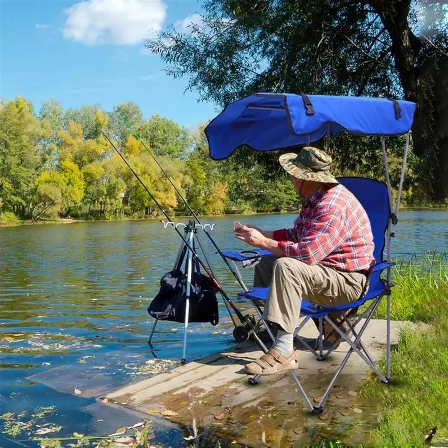 Fishing Chair Folding Canopy with Shade Portable Recliner Beach for Outdoor Lawn Camping Picnic Comfortable Seat Portability for Camping, Garden, Pic