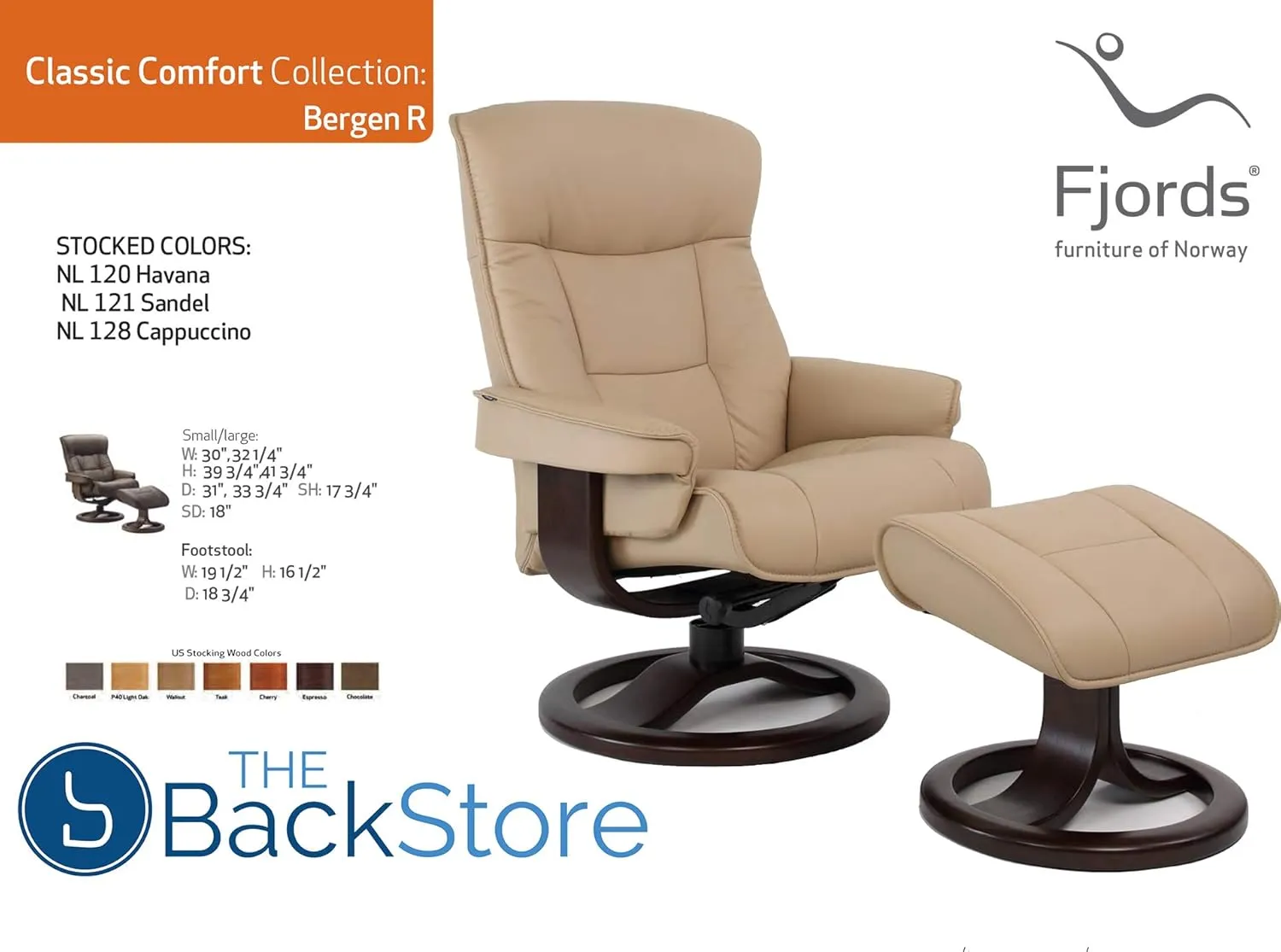Fjords 775 Bergen Large Recliner and Ottoman Norwegian Ergonomic Scandinavian Lounge Reclining Chair Furniture Nordic Line Genuine Havana Dark Brown Leather Espresso Wood