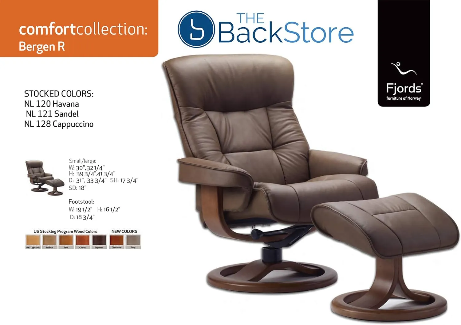 Fjords 775 Bergen Large Recliner and Ottoman Norwegian Ergonomic Scandinavian Lounge Reclining Chair Furniture Nordic Line Genuine Havana Dark Brown Leather Espresso Wood