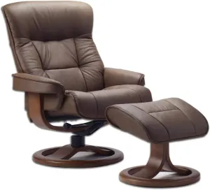 Fjords 775 Bergen Large Recliner and Ottoman Norwegian Ergonomic Scandinavian Lounge Reclining Chair Furniture Nordic Line Genuine Havana Dark Brown Leather Espresso Wood