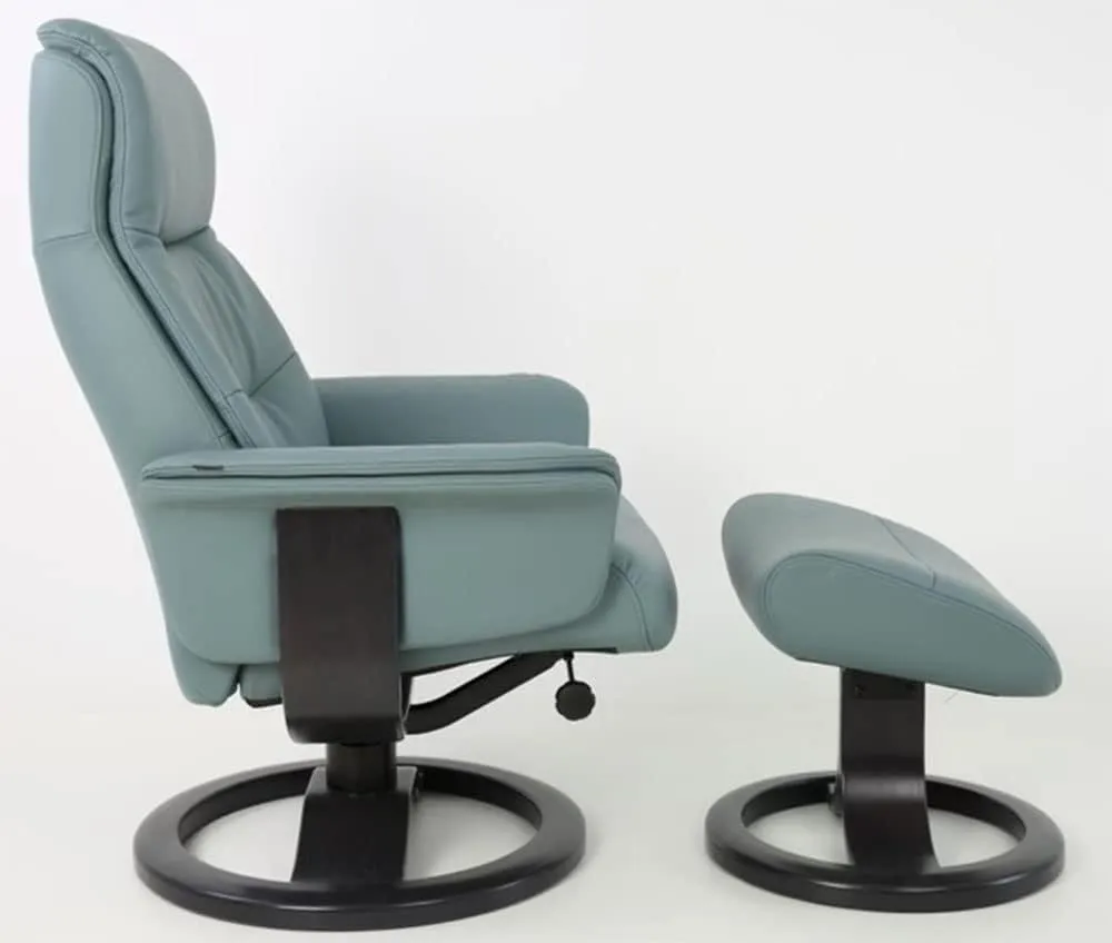Fjords Anne R Small Norwegian Ergonomic Swivel Recliner Lounge Chair and Ottoman - Ice SL 244 Soft Line Leather with Charcoal Wood