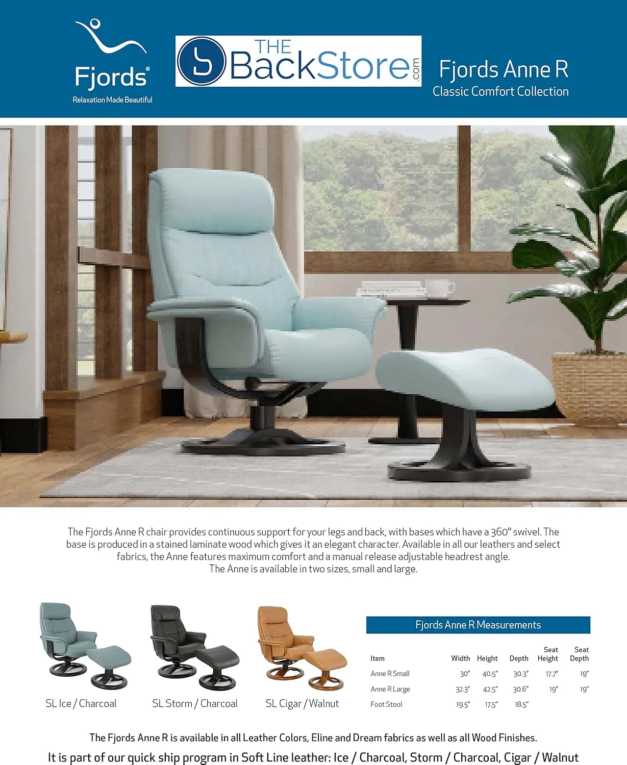 Fjords Anne R Small Norwegian Ergonomic Swivel Recliner Lounge Chair and Ottoman - Storm SL 247 Soft Line Leather with Charcoal Wood