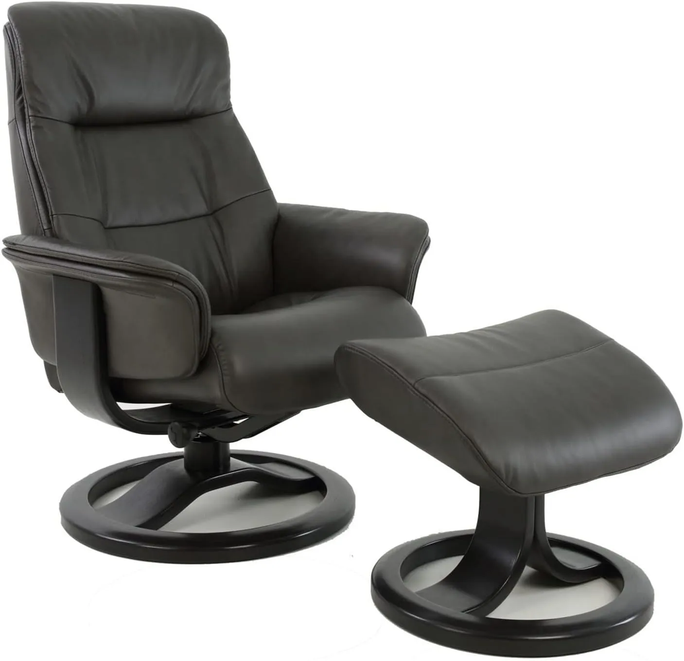 Fjords Anne R Small Norwegian Ergonomic Swivel Recliner Lounge Chair and Ottoman - Storm SL 247 Soft Line Leather with Charcoal Wood