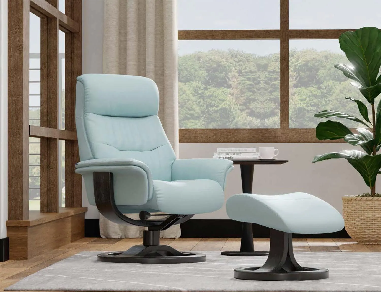 Fjords Anne R Small Norwegian Ergonomic Swivel Recliner Lounge Chair and Ottoman - Storm SL 247 Soft Line Leather with Charcoal Wood