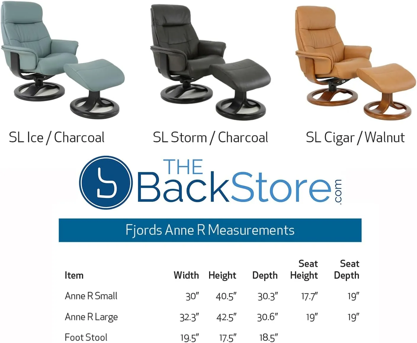 Fjords Anne R Small Norwegian Ergonomic Swivel Recliner Lounge Chair and Ottoman - Storm SL 247 Soft Line Leather with Charcoal Wood