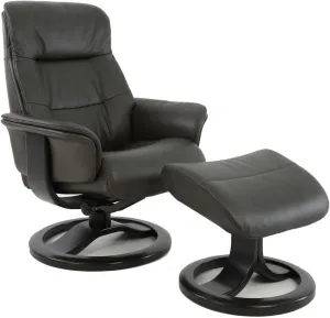 Fjords Anne R Small Norwegian Ergonomic Swivel Recliner Lounge Chair and Ottoman - Storm SL 247 Soft Line Leather with Charcoal Wood