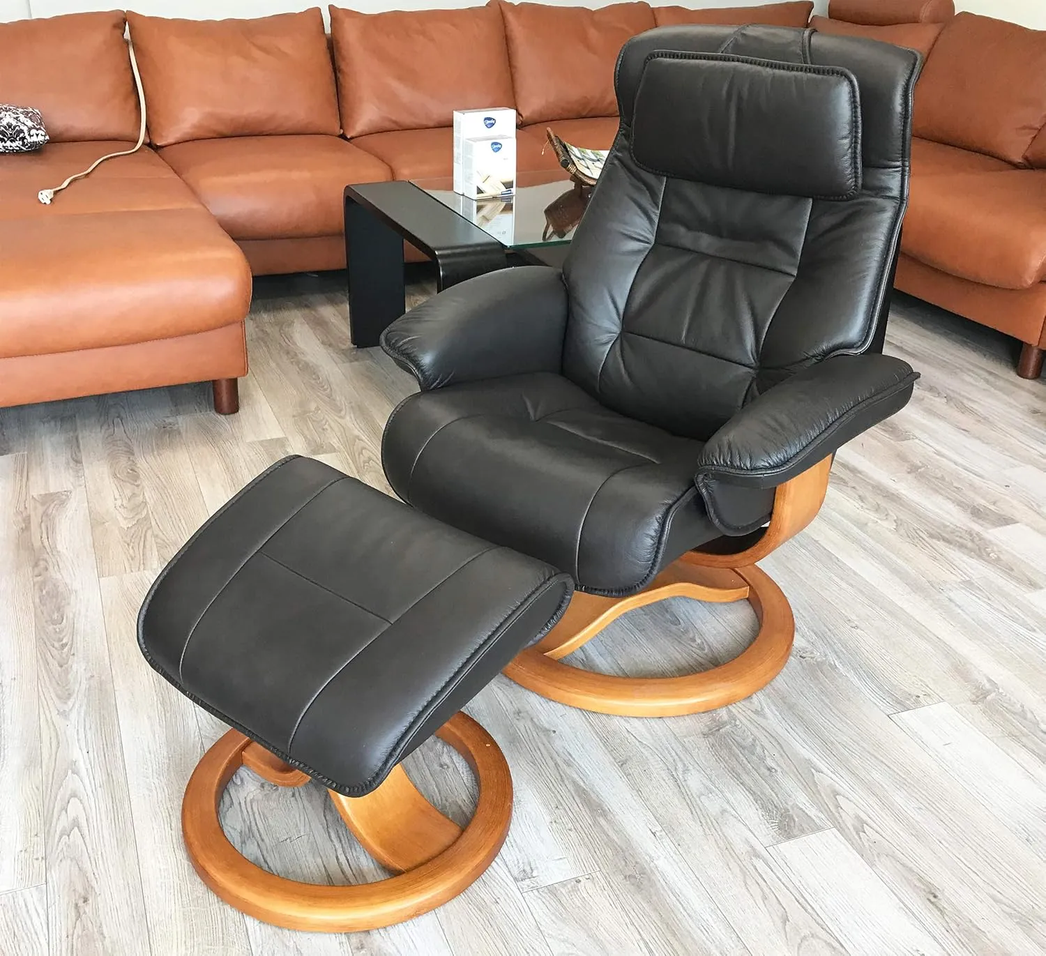 Fjords Mustang Small Leather Recliner Chair and Ottoman Norwegian Ergonomic Furniture Nordic Line Genuine Black Leather Cherry Wood
