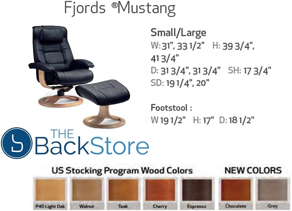 Fjords Mustang Small Leather Recliner Chair and Ottoman Norwegian Ergonomic Furniture Nordic Line Genuine Black Leather Cherry Wood