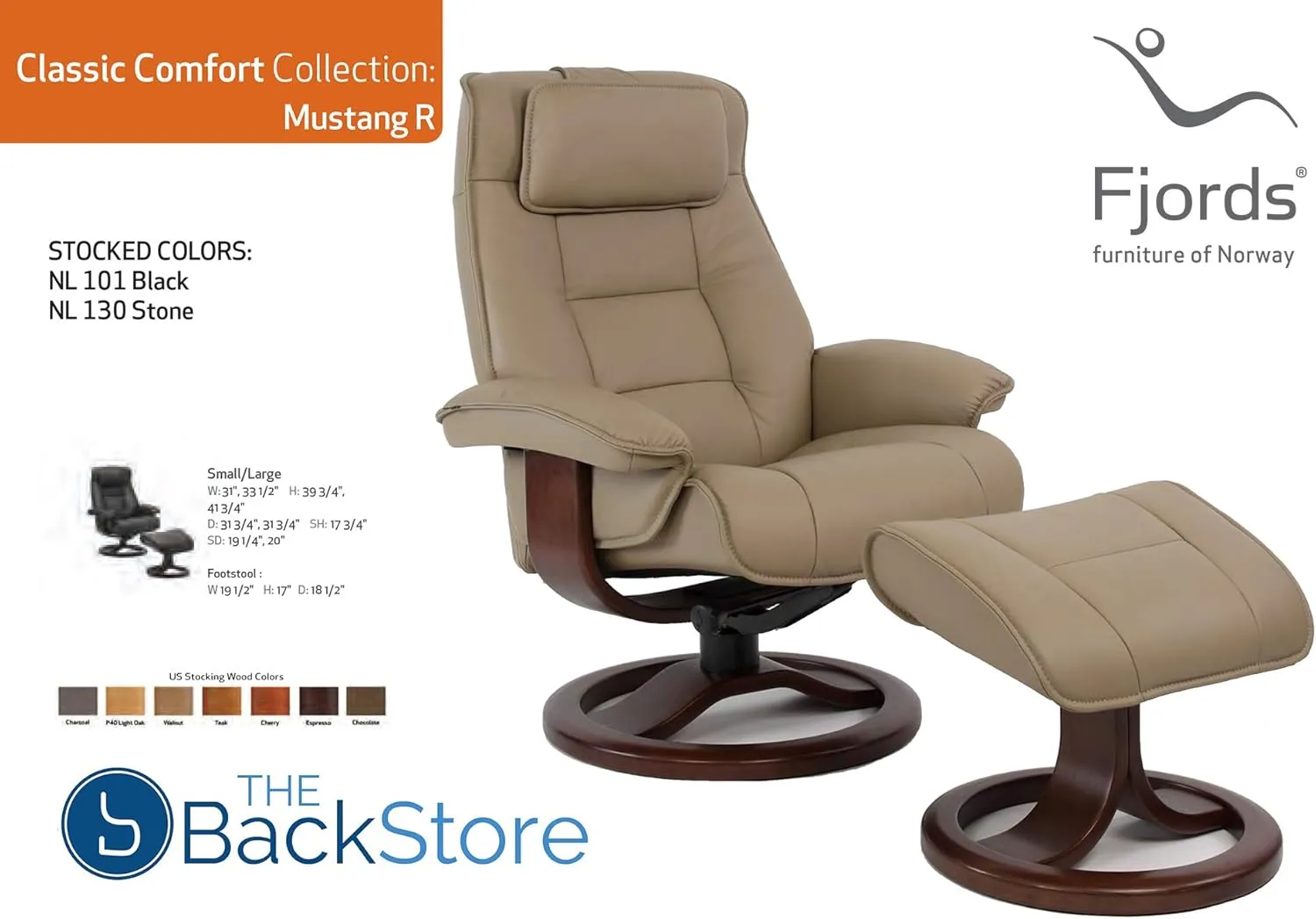 Fjords Mustang Small Leather Recliner Chair and Ottoman Norwegian Ergonomic Furniture Nordic Line Genuine Black Leather Cherry Wood