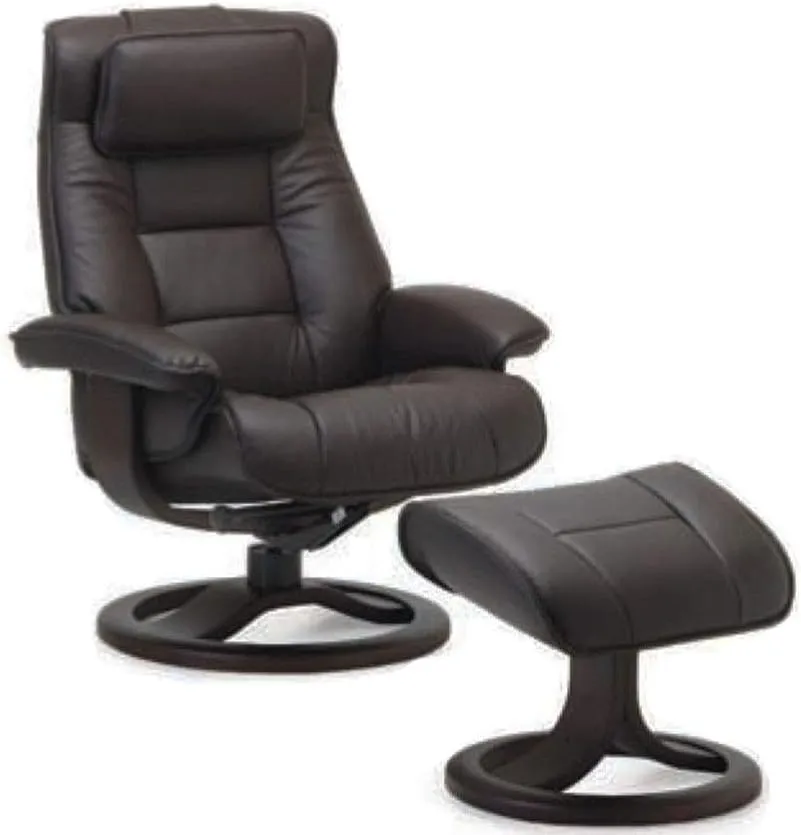 Fjords Mustang Small Leather Recliner Chair and Ottoman Norwegian Ergonomic Furniture Nordic Line Genuine Black Leather Cherry Wood