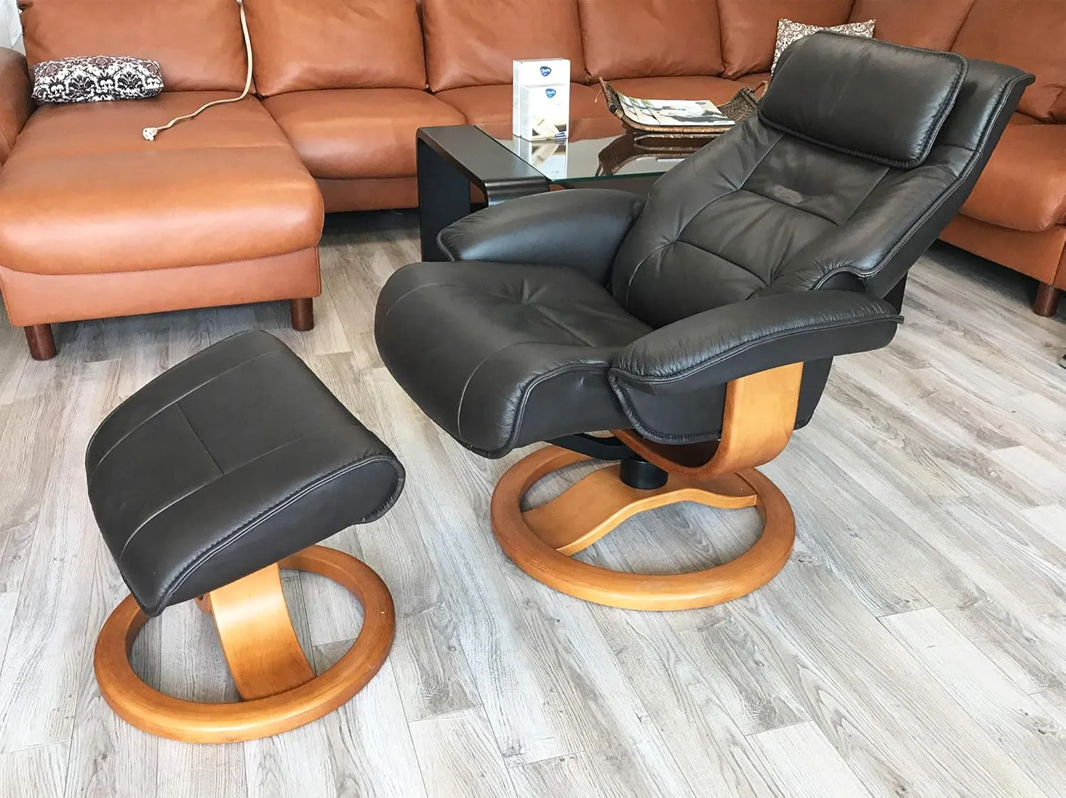 Fjords Mustang Small Leather Recliner Chair and Ottoman Norwegian Ergonomic Furniture Nordic Line Genuine Black Leather Cherry Wood