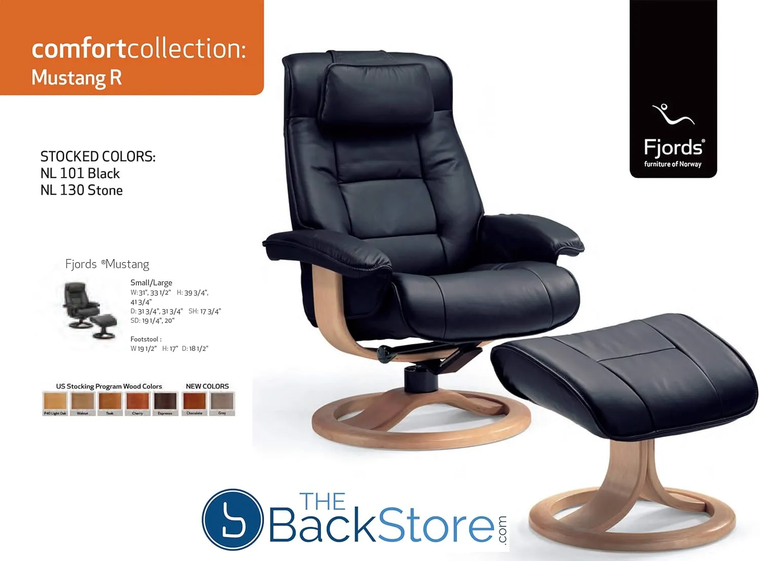 Fjords Mustang Small Leather Recliner Chair and Ottoman Norwegian Ergonomic Furniture Nordic Line Genuine Black Leather Cherry Wood
