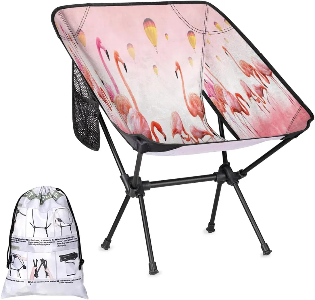 Flamingo Pink Bird Camping Chair Lightweight Portable Folding Camp Chairs for Adults Easy Installation for Camping Fishing Hiking Picnic Travel Festival Supports 176lbs
