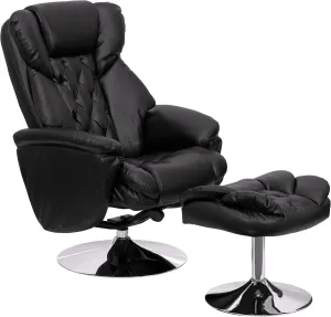 Flash Furniture Wills Transitional Multi-Position Recliner and Ottoman with Chrome Base in Black LeatherSoft