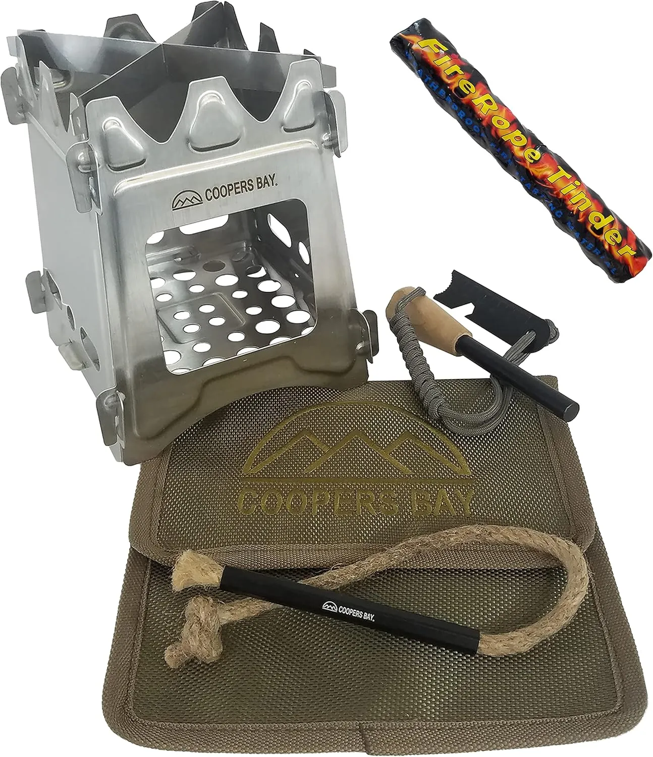 Flatpack Stove/Firestarter Package - Includes Twig Stove, Ferro Rod and FireWick Tinder - Complete Lightweight Backpacking Stove Kit (Stainless Steel)